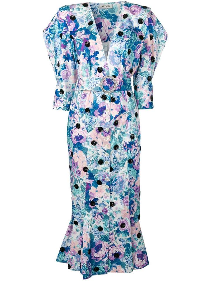 Attico Floral Print Button Dress - White