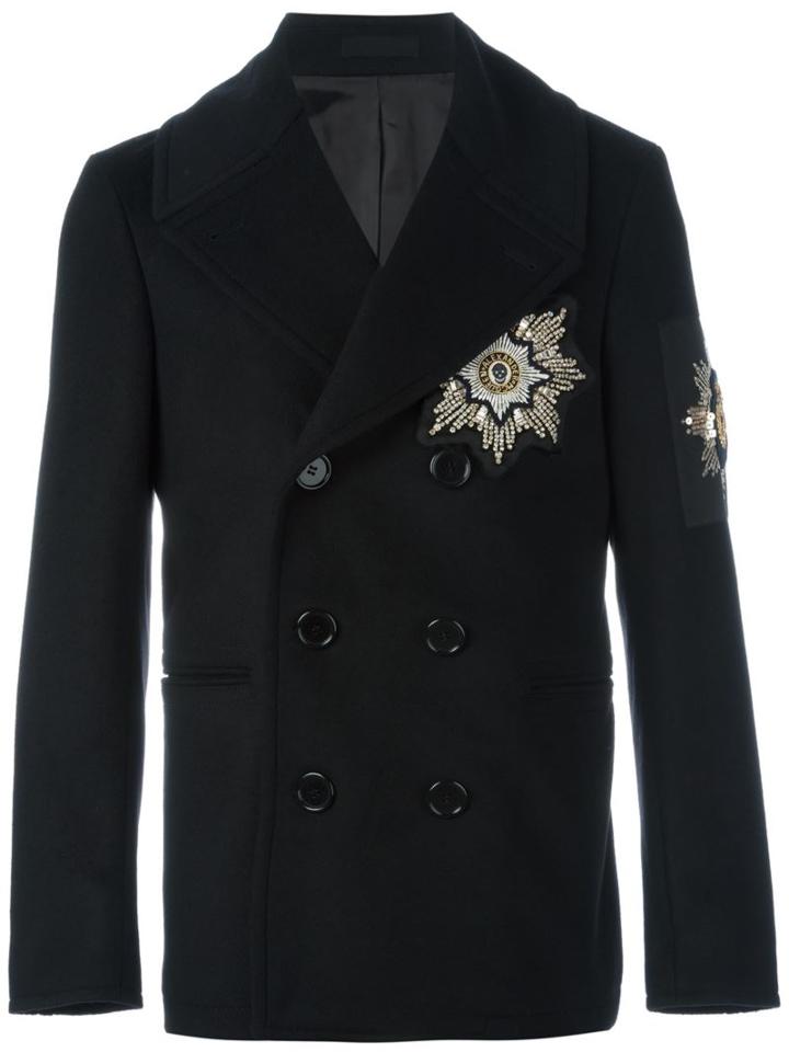Alexander Mcqueen Embroidered Patch Peacoat, Men's, Size: 50, Black, Silk/cotton/viscose/glass