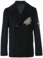 Alexander Mcqueen Embroidered Patch Peacoat, Men's, Size: 50, Black, Silk/cotton/viscose/glass