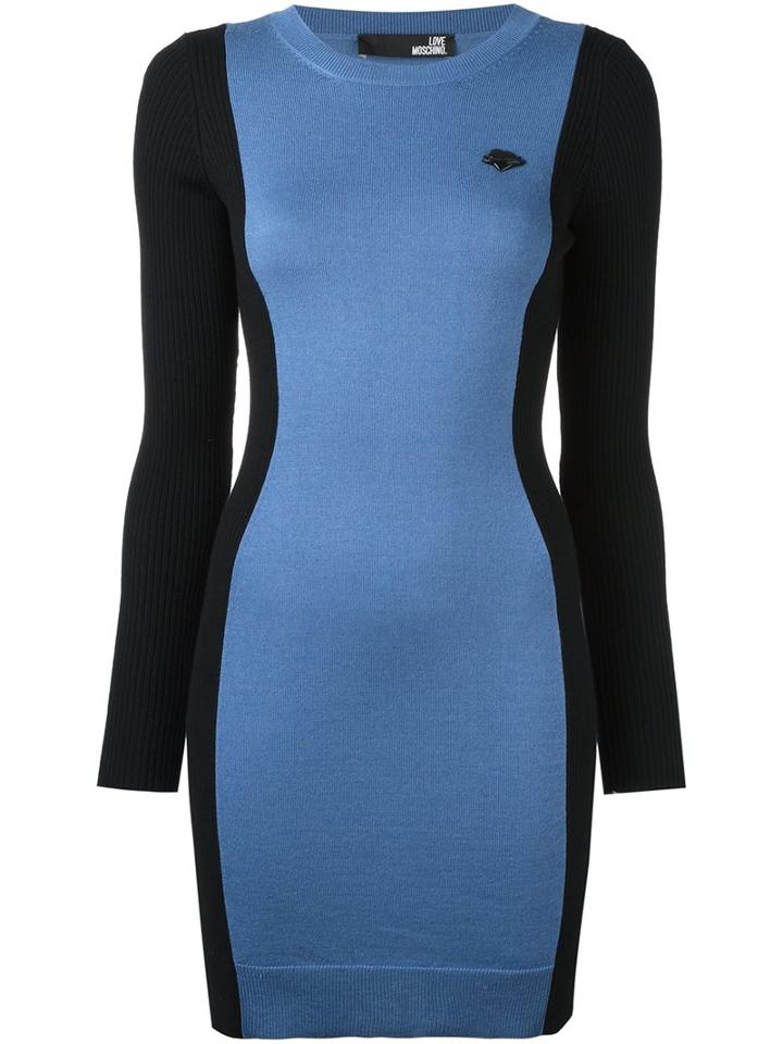 Love Moschino Heart Plaque Fitted Dress, Women's, Size: 40, Blue, Virgin Wool