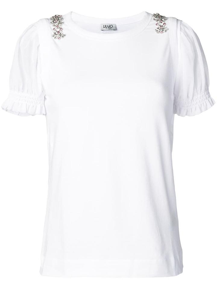 Liu Jo Embellished Ruffled-sleeve T-shirt - White