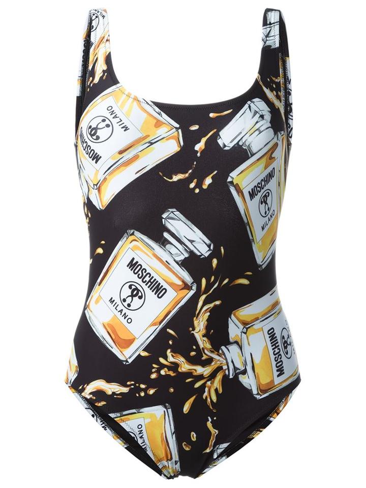 Moschino 'milano' Perfume Print Swim Suit, Women's, Size: 42, Black, Polyester/spandex/elastane