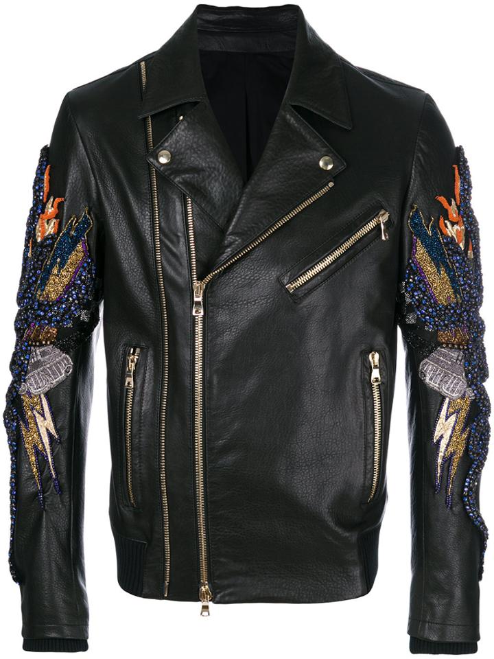 Balmain Snake Embellished Leather Jacket - Black
