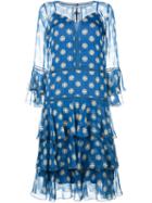 Alberta Ferretti Ruffle Dress With Keyhole Neckline, Women's, Size: 44, Blue, Silk