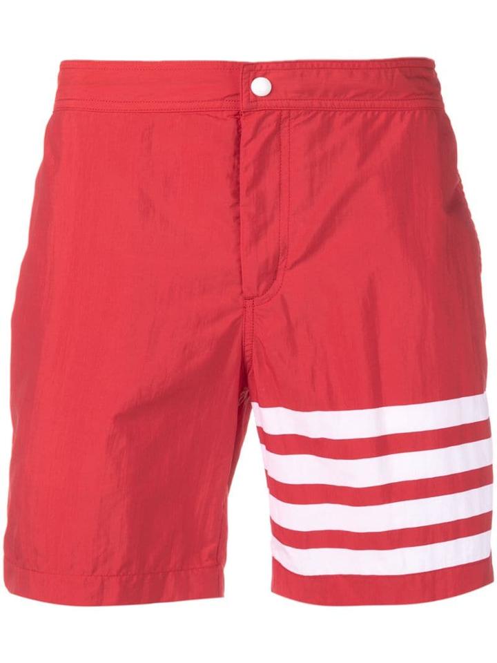 Thom Browne Snap Front Swim Short In Solid Swim Tech W/ 4 Bar Print -