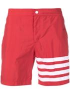 Thom Browne Snap Front Swim Short In Solid Swim Tech W/ 4 Bar Print -