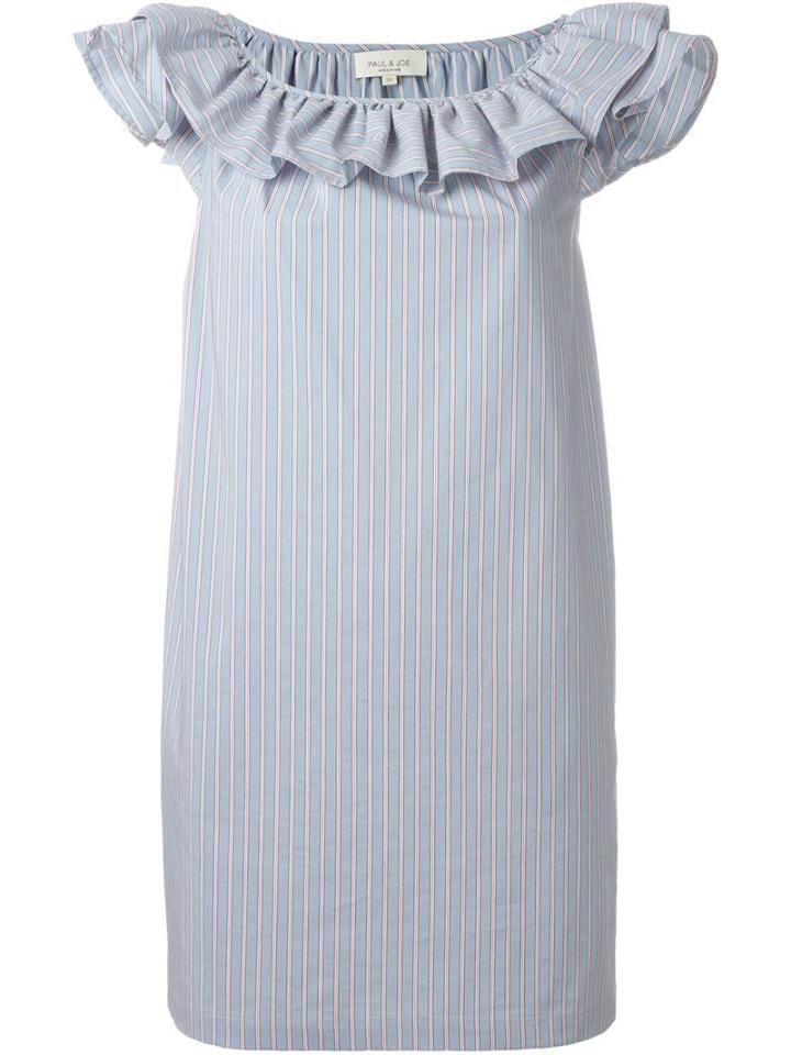 Paul & Joe Pinstripe Ruffle Off Shoulder Shift Dress