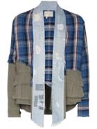 Greg Lauren 50/50 Shredded Denim Plaid Jacket - Blue