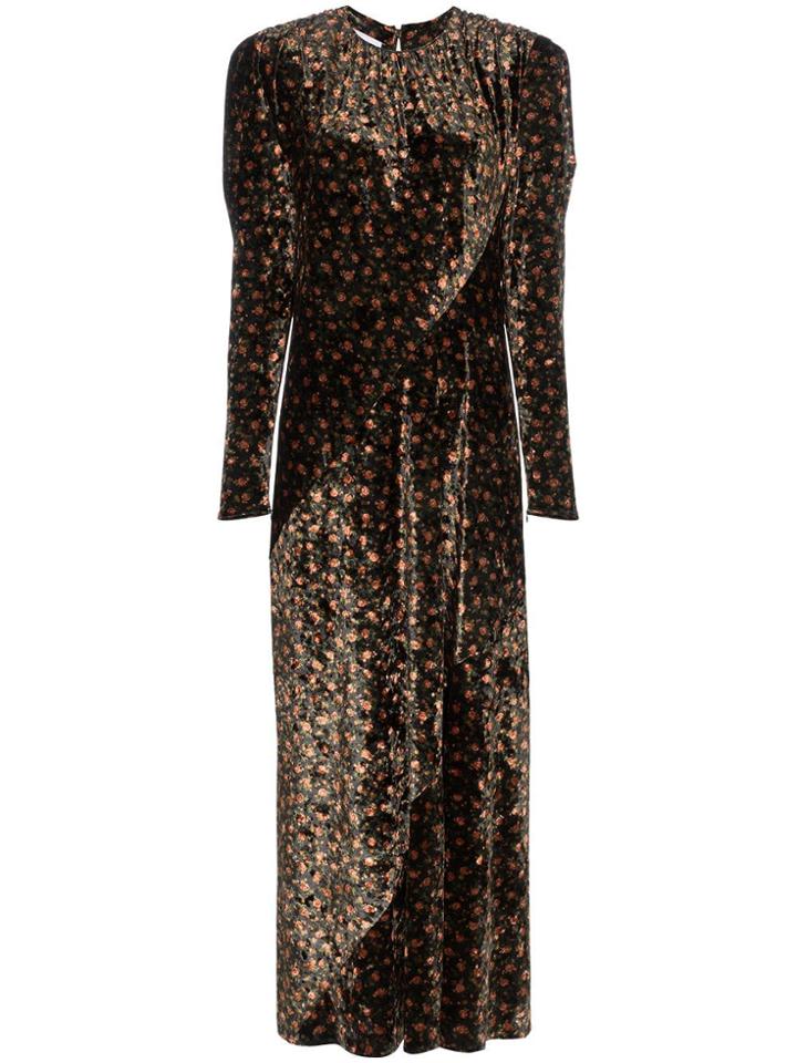 Push Button Floral Print Long Velvet Dress - Black