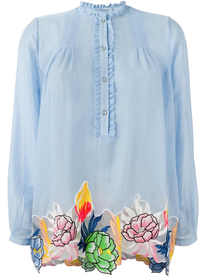 Blumarine Floral Motif Embroidered Patches Top, Women's, Size: 42, Blue, Cotton/silk