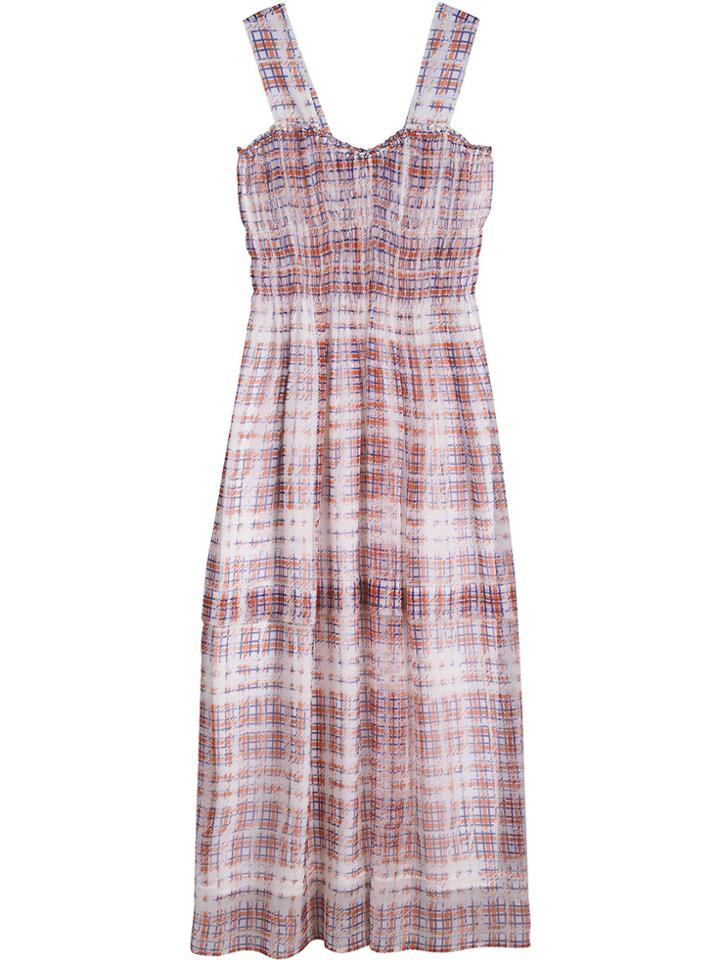 Burberry Gathered Scribble Check Silk Dress