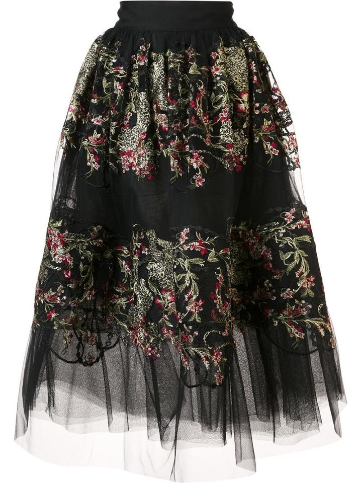 Marchesa Floral Embroidered Sheer Skirt, Women's, Size: 14, Black, Silk