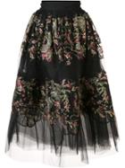 Marchesa Floral Embroidered Sheer Skirt, Women's, Size: 14, Black, Silk