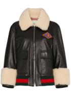 Gucci Logo Patch Shearling Trim Leather Bomber Jacket - Black