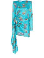 Alessandra Rich Bow Print Silk Mini Dress - Turquoise