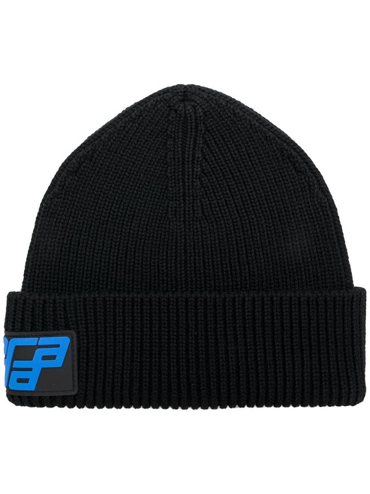 Prada Logo Ribbed Beanie - Black