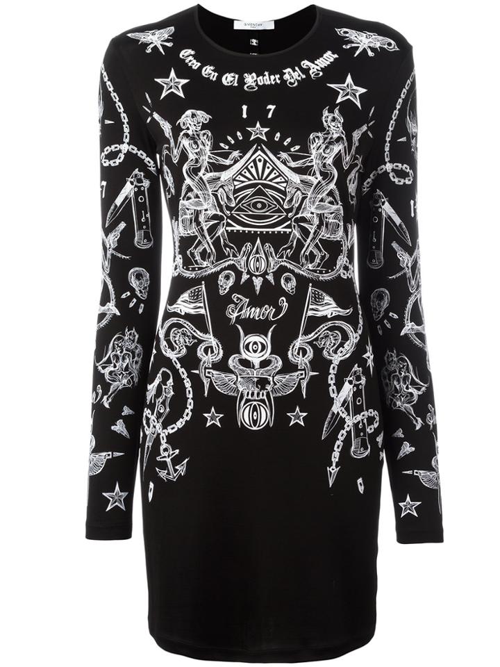 Givenchy Tattoo Print Long Sleeve Dress - Black