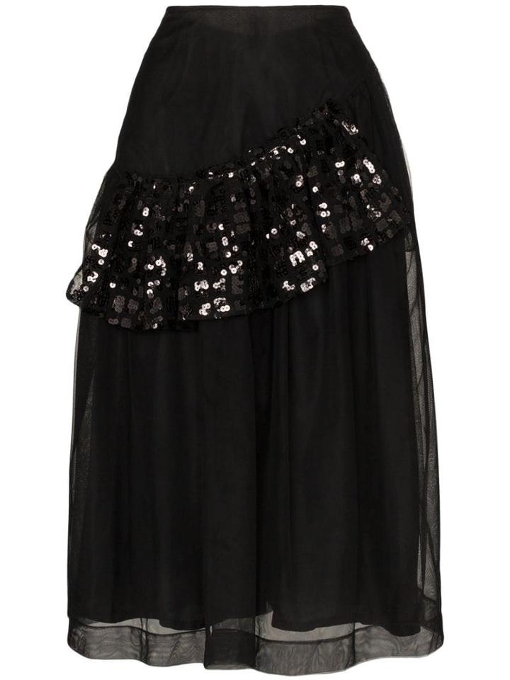 Simone Rocha Sequin-ruffle Tulle Midi-skirt - Black