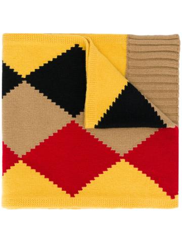 Pringle Of Scotland Graphic Argyle Scarf In Camel/red - Yellow