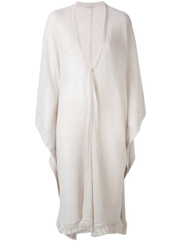 Brunello Cucinelli - Fringed Trapeze Cardigan - Women - Silk/linen/flax - M, Nude/neutrals, Silk/linen/flax