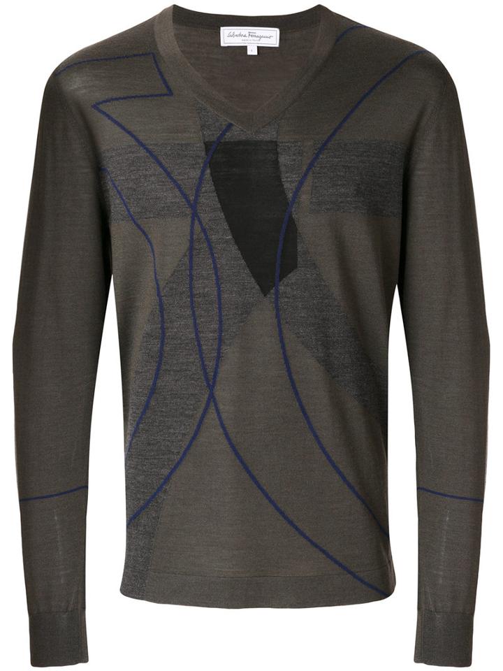 Salvatore Ferragamo - Patterned V-neck Jumper - Men - Silk/virgin Wool - Xl, Green, Silk/virgin Wool