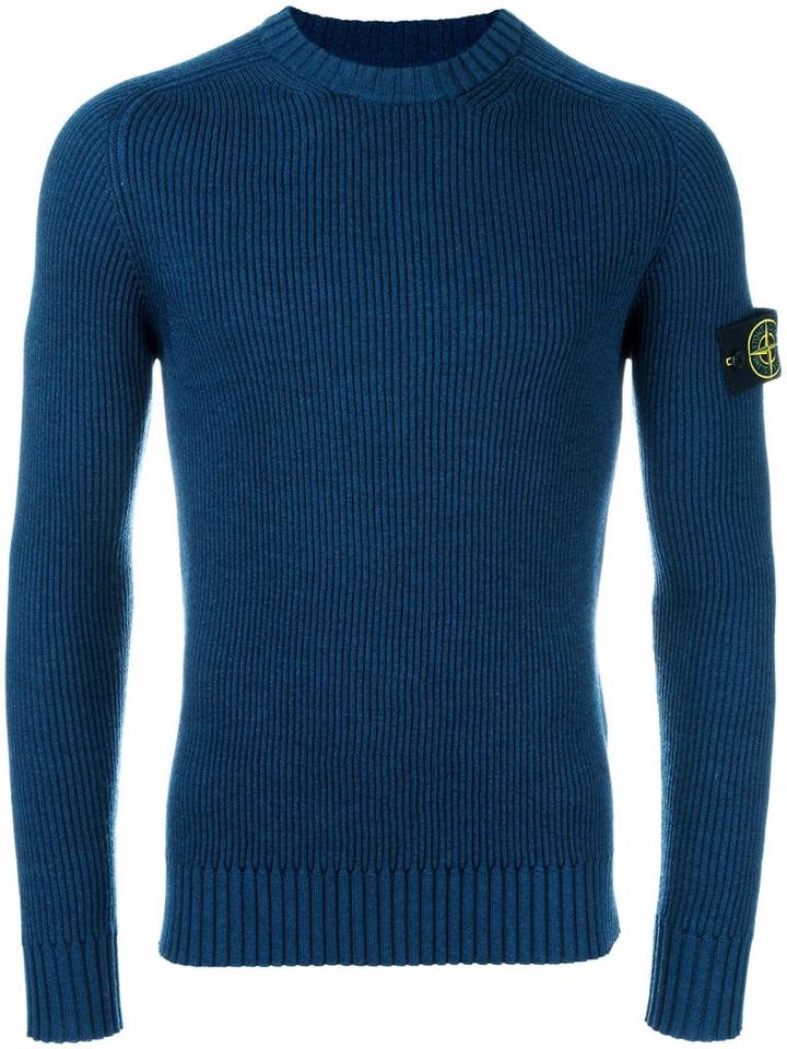 Stone Island Ribbed Crew Neck Jumper, Men's, Size: Xl, Blue, Wool