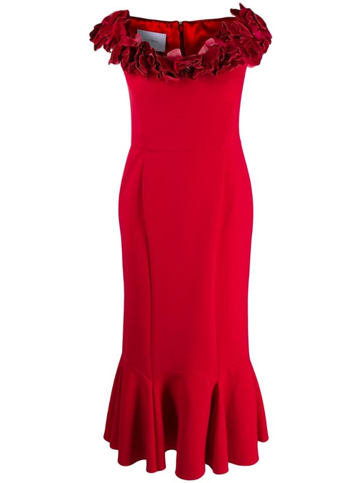 Marchesa Floral Applique Flounce Dress - Red
