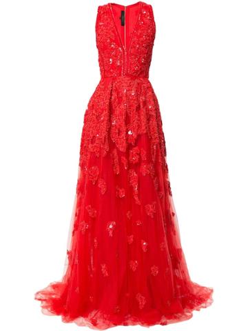 Elie Saab V Neck Embellished Tulle Ballgown - Red