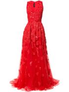 Elie Saab V Neck Embellished Tulle Ballgown - Red
