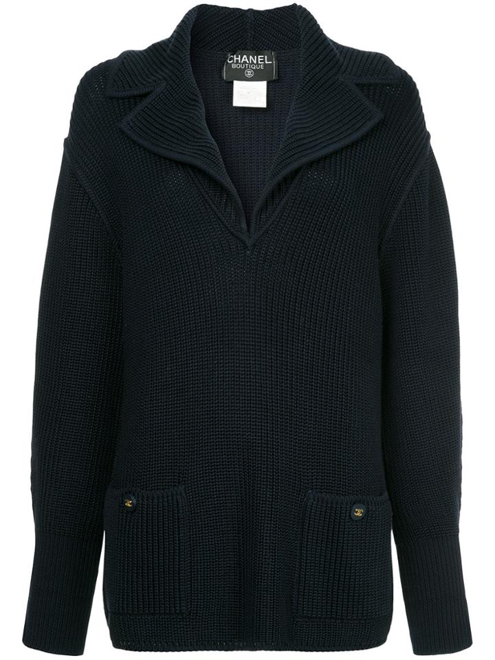 Chanel Vintage Ribbed Knitted Blouse - Blue