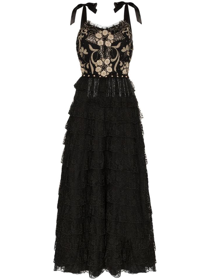 One Vintage Floral Embroidered Lace Dress - Black