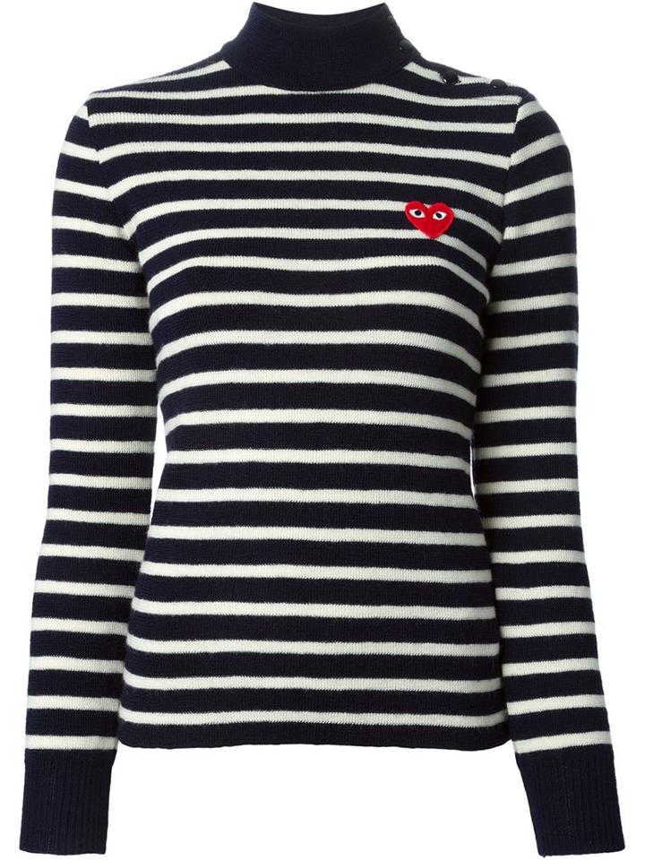 Comme Des Garçons Play Embroidered Heart Striped Jumper, Women's, Size: Large, Blue, Wool