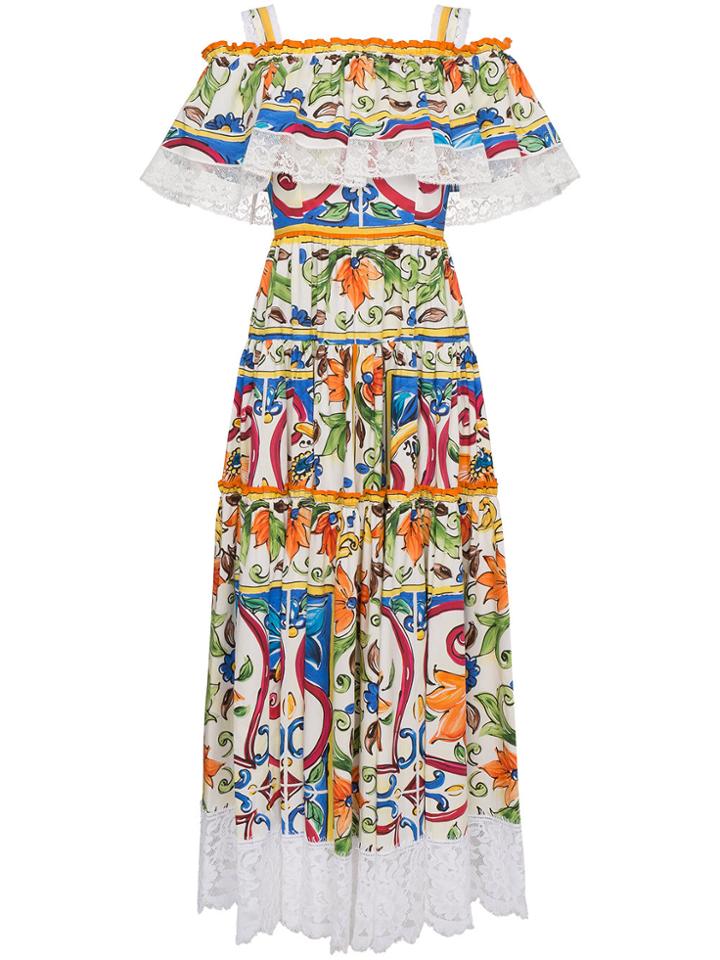 Dolce & Gabbana Majolica Print Cotton Ruffle Dress - Multicolour