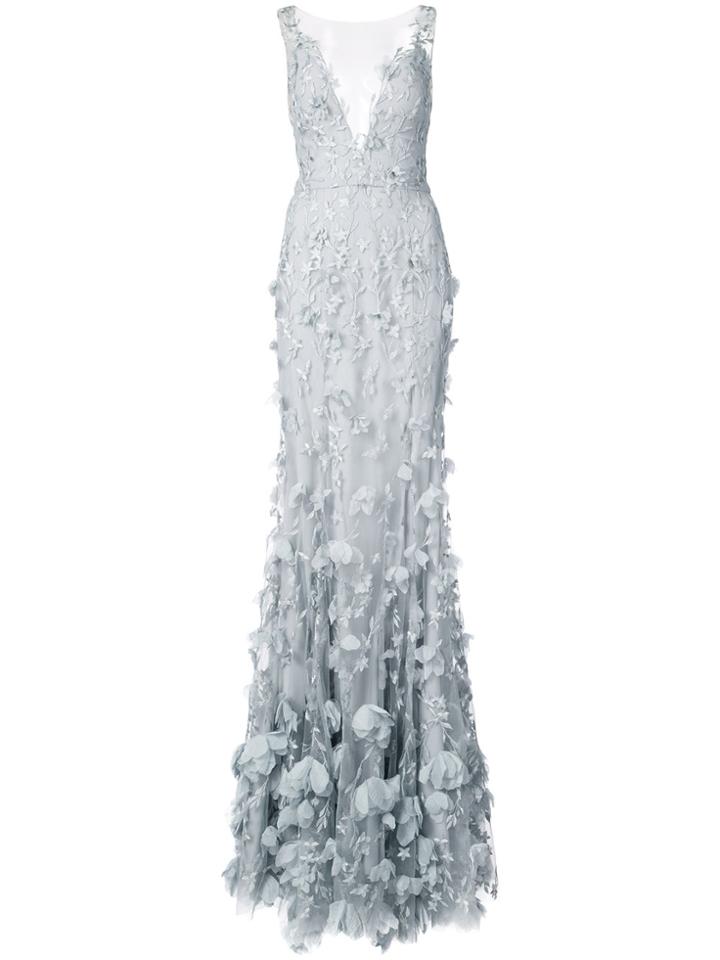 Marchesa Notte 3d Floral Plunge Gown - Blue