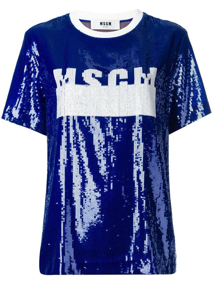 Msgm Sequinned Logo T-shirt, Women's, Size: 38, Blue, Polyester/polyamide