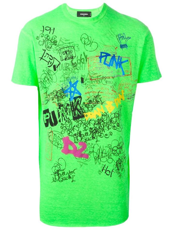 Dsquared2 Graffiti Curved Hem T-shirt, Men's, Size: Xs, Green, Cotton