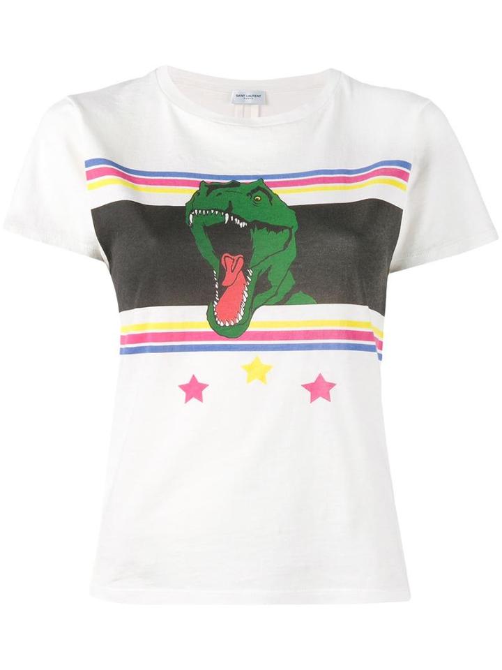 Saint Laurent Short Sleeved T-shirt With Dinosaur Print, Women's, Size: Medium, White, Cotton
