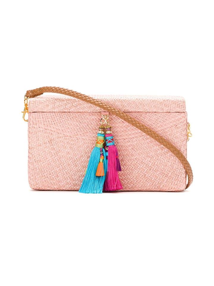Serpui Tassel Detail Raffia Clutch - Pink