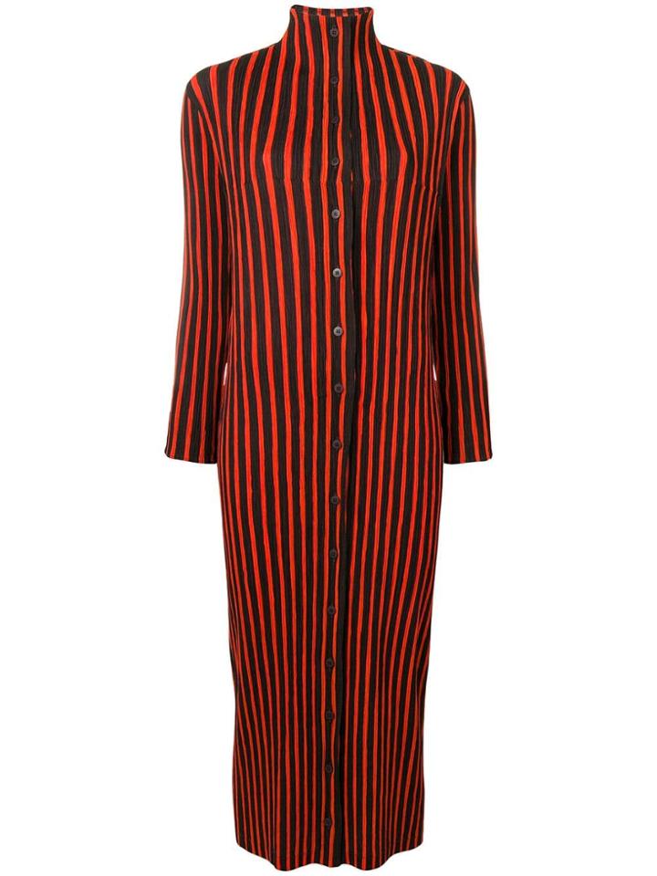Issey Miyake Vintage Striped Plissé Turtleneck Midi Dress - Black