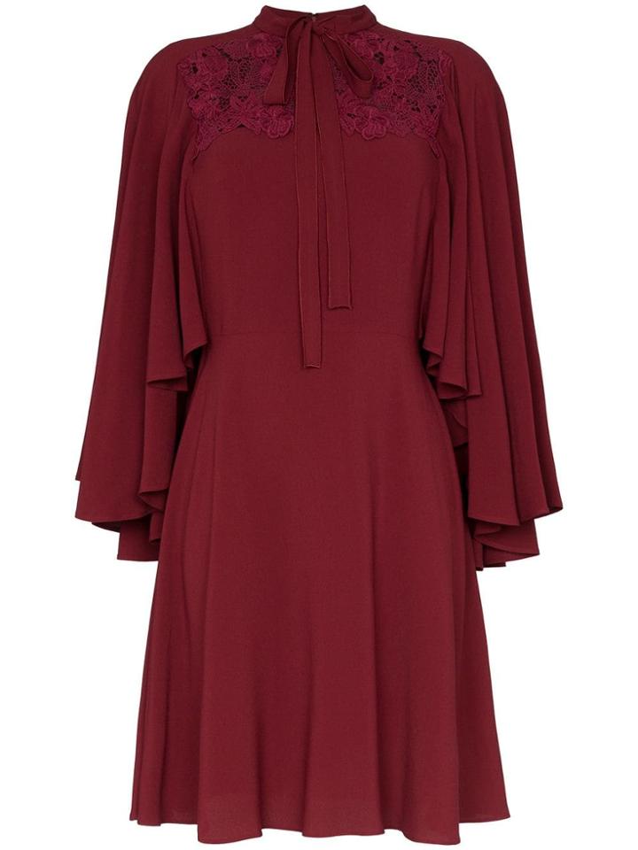 Giambattista Valli Lace Insert Cape Sleeve Silk Dress - Red
