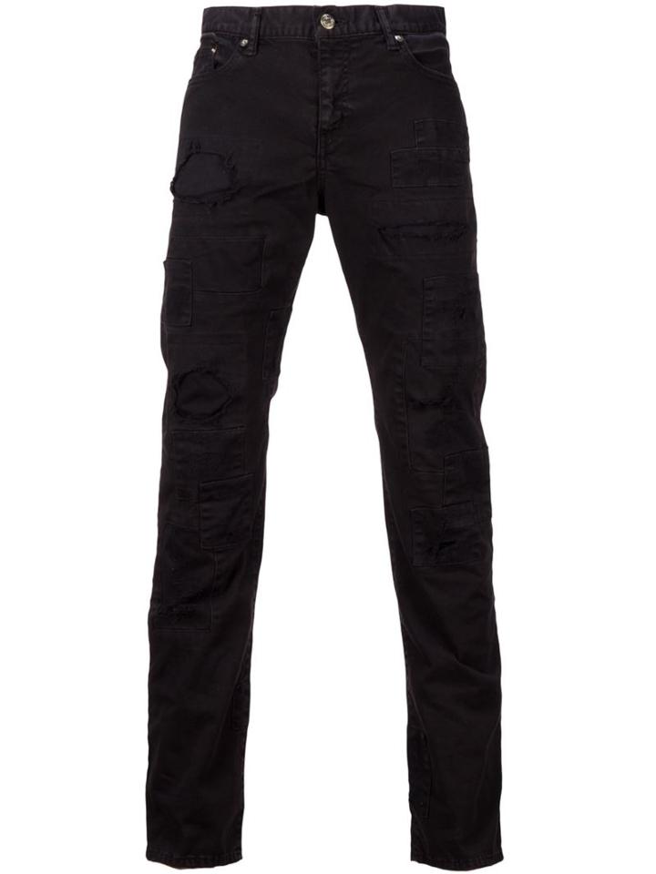 Wvm Patch Ripped Detailing Jeans, Men's, Size: 28, Black, Cotton/polyurethane/buffalo Leather