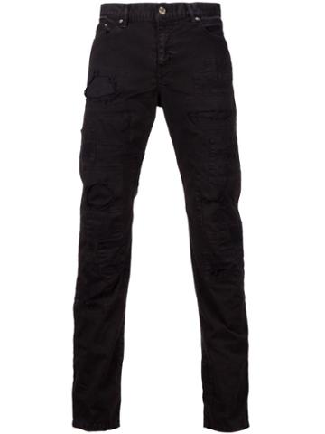 Wvm Patch Ripped Detailing Jeans, Men's, Size: 28, Black, Cotton/polyurethane/buffalo Leather