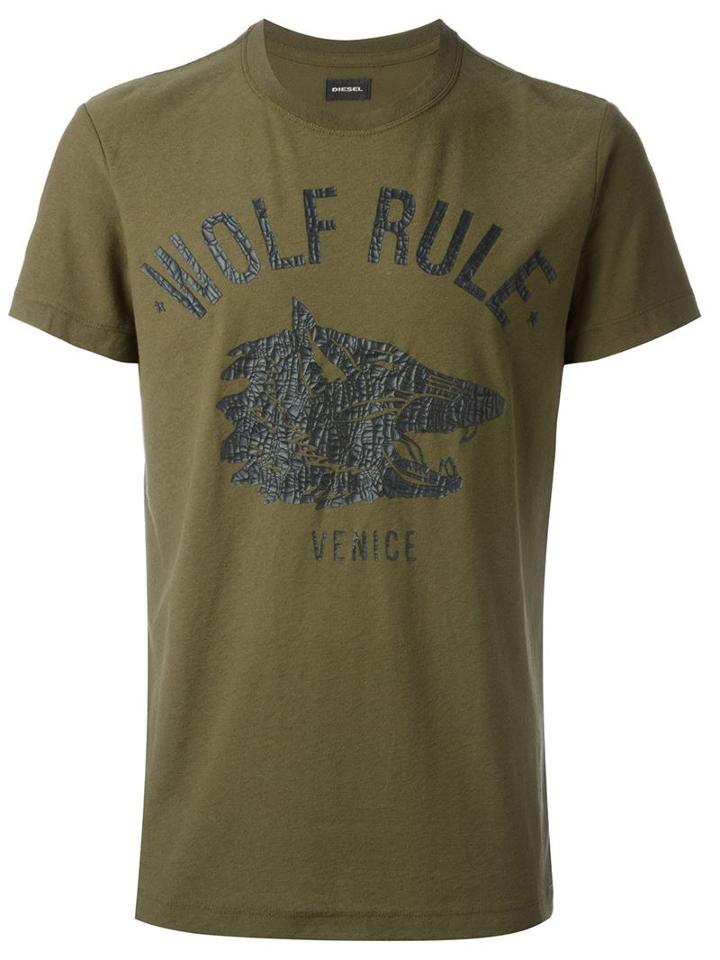 Diesel Wolf Print T-shirt, Men's, Size: M, Green, Polyester/cotton