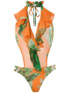 Amir Slama Printed Ruffle Swimsuit - Orange