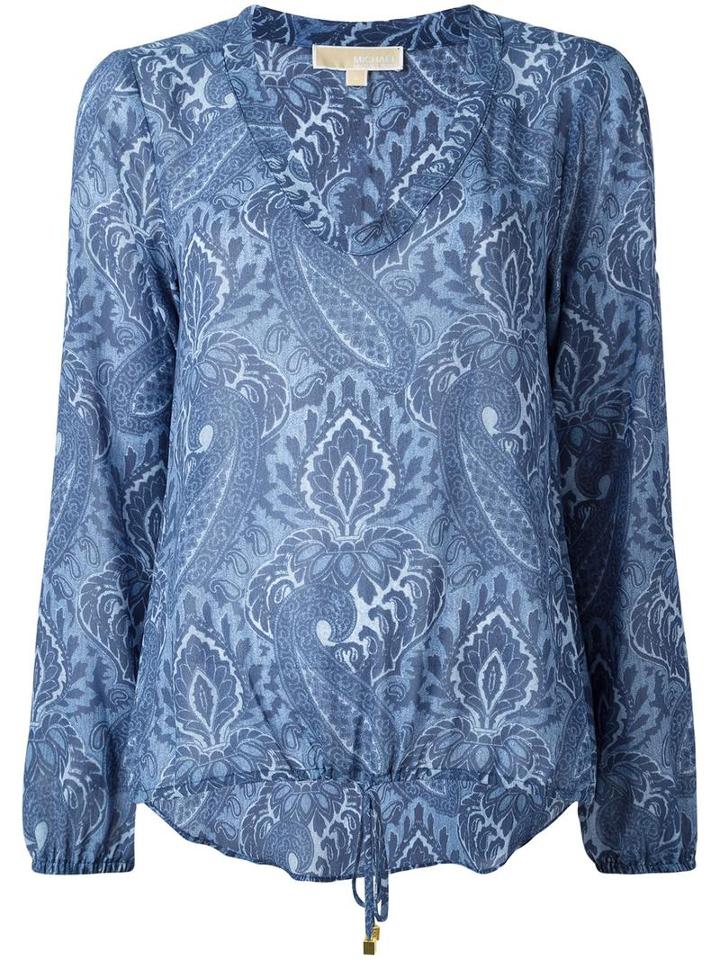 Michael Michael Kors Printed Peasant Blouse, Women's, Size: Small, Blue, Polyester