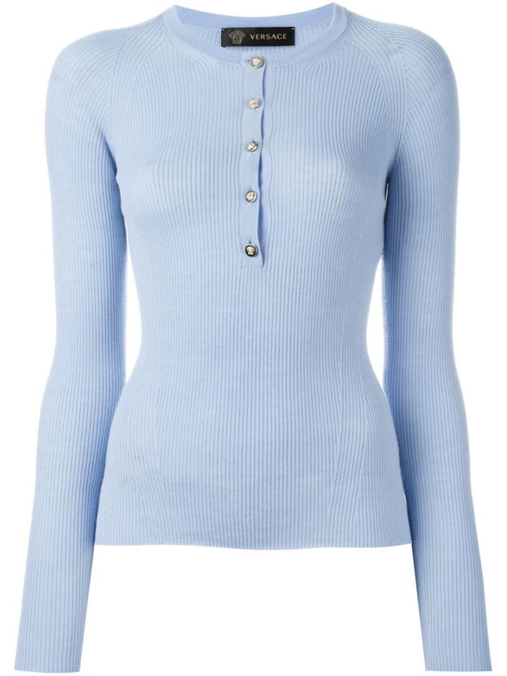 Versace Ribbed Henley Jumper, Women's, Size: 40, Blue, Wool