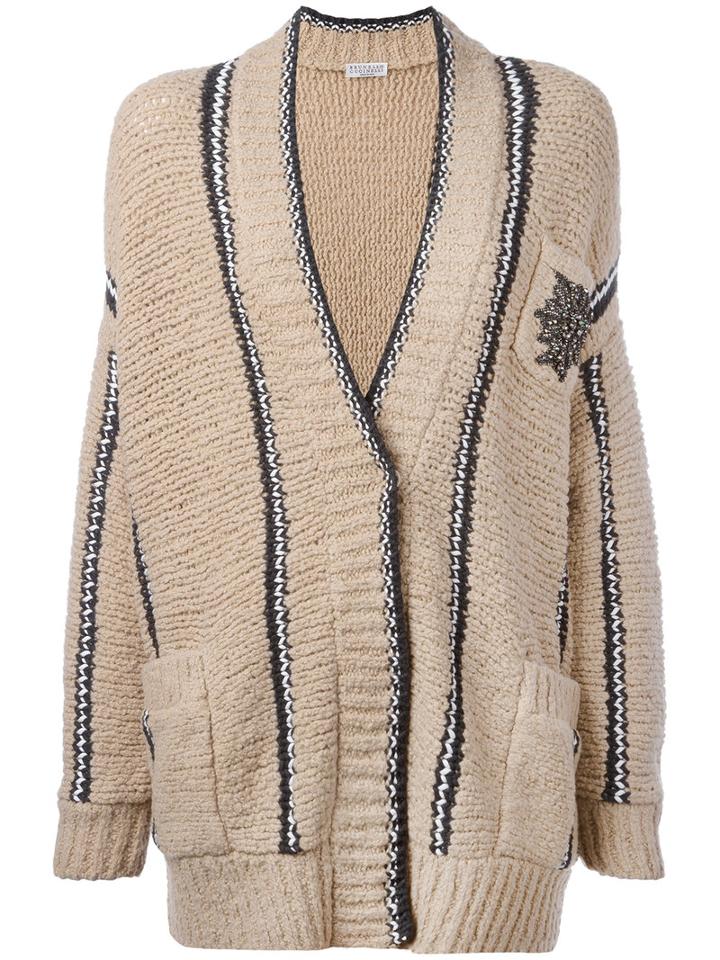 Brunello Cucinelli - Embellished Pocket Cardigan - Women - Polyamide/spandex/elastane/wool - M, Nude/neutrals, Polyamide/spandex/elastane/wool