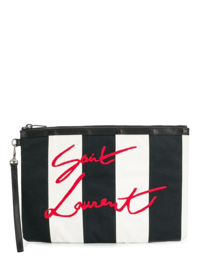 Saint Laurent Logo Embroidered Striped Clutch - Black
