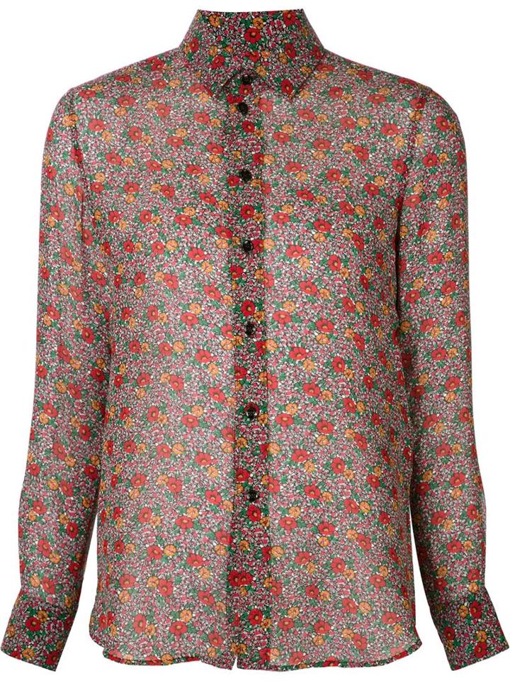 Saint Laurent Sheer Floral Print Blouse, Women's, Size: 42, Red, Silk