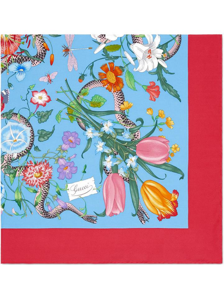 Gucci Flora Snake Print Scarf - Blue